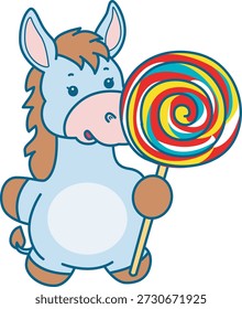 Cute Donkey sticker icon. Funny Donkey bring a lollipop