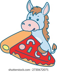 Lindo icono de la etiqueta engomada del burro. Burro divertido traer una pizza 