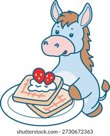 Lindo icono de la etiqueta engomada del burro. Funny Donkey trae un pan de fresa.