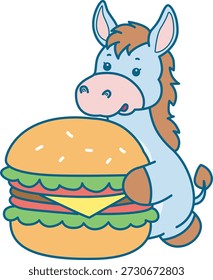 Lindo icono de la etiqueta engomada del burro. Burro divertido traer una hamburguesa