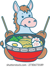 Lindo icono de la etiqueta engomada del burro. Burro divertido quiere comer ramen