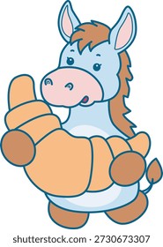 Lindo icono de la etiqueta engomada del burro. Burro divertido traer un pan