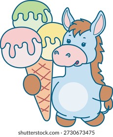 Lindo icono de la etiqueta engomada del burro. Funny Donkey trae una cucharada de tres helados