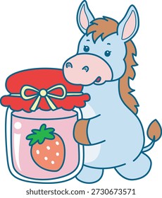 Lindo icono de la etiqueta engomada del burro. Funny Donkey trae una mermelada de fresa