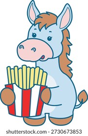 Ícone de adesivo bonito Burro. Burro engraçado trazer uma batata frita
