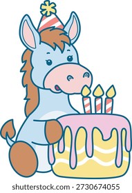 Lindo icono de la etiqueta engomada del burro. Burro divertido traer un pastel de cumpleaños