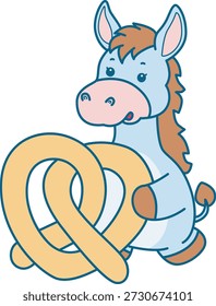 Lindo icono de la etiqueta engomada del burro. Burro divertido traer un waffle