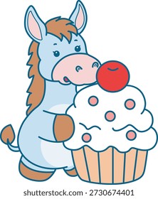 Lindo icono de la etiqueta engomada del burro. Funny Donkey trae un cupcake cremoso