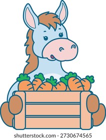 Lindo icono de la etiqueta engomada del burro. Funny Donkey trae un montón de zanahoria