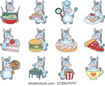 Lindo icono de la etiqueta engomada del burro. Burro divertido en la variación de comida rápida y postre