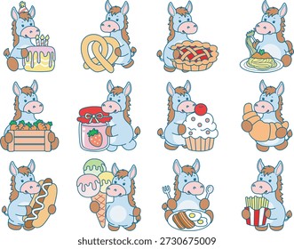 Lindo icono de la etiqueta engomada del burro. Burro divertido en la variación de comida chatarra y bocadillos