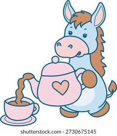 Ícone de adesivo bonito Burro. Engraçado Burro derramando um chá da chaleira