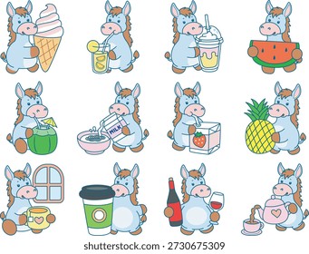 Lindo icono de la etiqueta engomada del burro. Burro divertido en la variación de bebida y bebida 