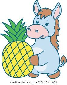 Lindo icono de la etiqueta engomada del burro. Burro divertido traer una piña 