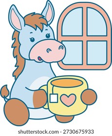 Lindo icono de la etiqueta engomada del burro. Burro divertido bebiendo un té caliente