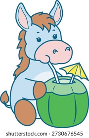 Lindo icono de la etiqueta engomada del burro. Burro divertido bebiendo una bebida de coco