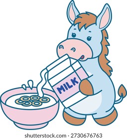 Ícone de adesivo bonito Burro. Engraçado Burro despejando um leite na tigela de cereal