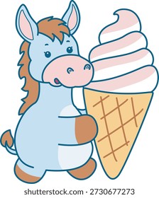 Lindo icono de la etiqueta engomada del burro. Burro divertido traer un helado de fresa