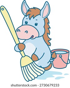 Lindo icono de la etiqueta engomada del burro. Burro divertido que limpia el suelo con la fregona 