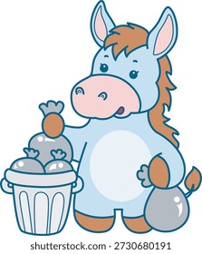 Lindo icono de la etiqueta engomada del burro. Burro divertido arrojar la basura en su lugar 