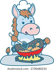 Lindo icono de la etiqueta engomada del burro. Burro divertido cocinando un arroz frito