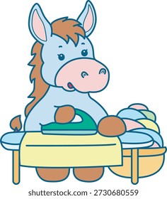 Lindo icono de la etiqueta engomada del burro. Burro divertido planchando la ropa 
