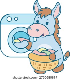 Süße Esel Aufkleber Symbol. Lustige Esel Reinigung der Kleidung in der Waschmaschine