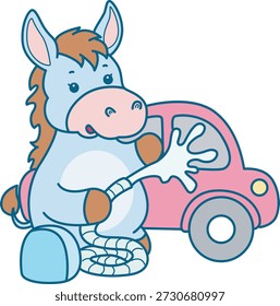 Lindo icono de la etiqueta engomada del burro. Burro divertido limpia el coche