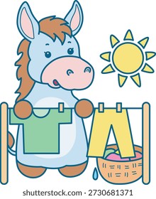 Lindo icono de la etiqueta engomada del burro. Burro divertido seca la ropa y los pantalones en el exterior