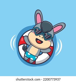 Cute donkey in sunglasses float with buoy.