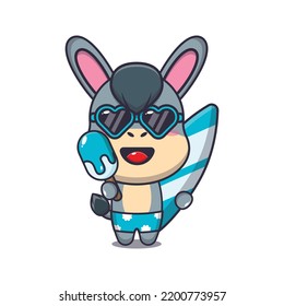 Cute donkey with surfboard holding ice cartoon illustration.