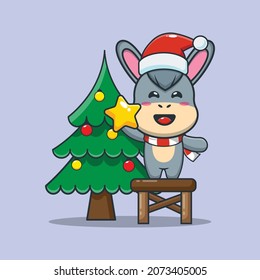 Cute donkey taking star from christmas tree. Cute christmas cartoon illustration.