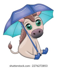 Cute donkey with umbrella, autumn is coming theme.