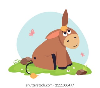 Cute donkey vector flat illustration with landscape isolated on white background. Farm animal donkey cartoon character.