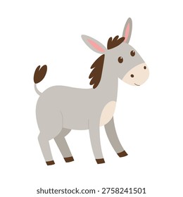 Симпатичная иллюстрация осла. Мультфильм «Ферма животных». Серый осёл на белом фоне.