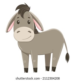 Cute donkey vector illustration, isolated on white background. Donkey in flat style, rural farming, can be used for kids cards or posters.