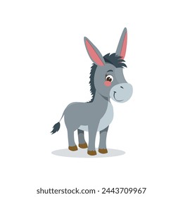 Cute donkey vector illustration, isolated on white background. Donkey in flat style, rural farming, can be used for kids cards or posters.