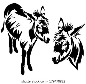 Cute Donkey Vector Outline - Black And White Animal