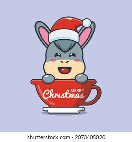 Cute donkey wearing santa hat in cup. Cute christmas cartoon illustration.