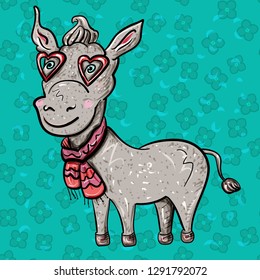 A cute donkey wearing a scarf and heart shaped glasses. Stylish animal in cartoon style on a green background  with flower