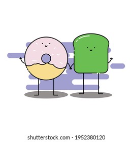 Cute donut and avocado toast hold hand Illustration. modern simple food vector icon, flat graphic symbol in trendy flat design style. Food character.