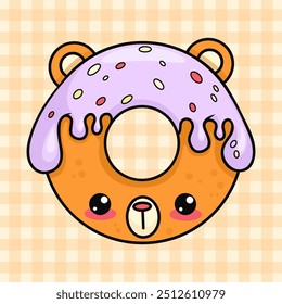 Cute donut bear with drops of falling fruit glaze. Funny card with cartoon kawaii character sweet food. Vector illustration. Kids collection