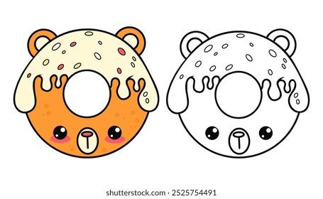 Lindo oso donut. Aislado de color y contorno de trazo divertido personaje de dibujos animados kawaii comida dulce. Dibujo de líneas, libro para colorear. Ilustración vectorial. Colección para niños