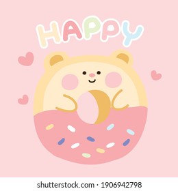 Cute donut in bear shape. Pastel cartoon concept with Happy text. Kid graphic design. Pink Kawaii Sticker Vector Illustration.