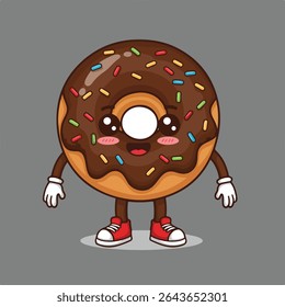 A cute donut cartoon character with chocolate frosting and colorful sprinkles.
