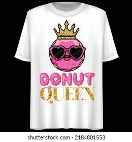 Cute Donut Cartoon Character, Queen, Vector illustration, T-Shirt design.