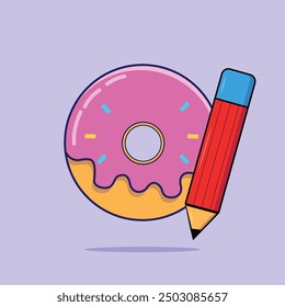 Cute Donut Cartoon Illustration and pencil Flat Doughnut Cartoon Style