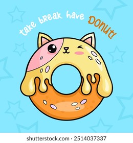 Cute donut cat with drops of falling glaze. Funny card with cartoon kawaii character sweet food. Vector illustration. Kids collection