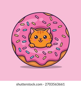 Ilustración vectorial linda del gato del donut que asoma a través de la rosca esmerilada rosada con las aspersiones en el fondo rosado claro