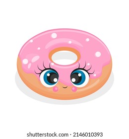 Cute donut character, Cartoon sweet round dessert, Smiling food mascot pastry decorated with pink icing, textile print, packaging, postcard, vector illustration